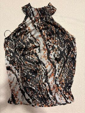 3 Next Blouses in Black, White & Orange Print